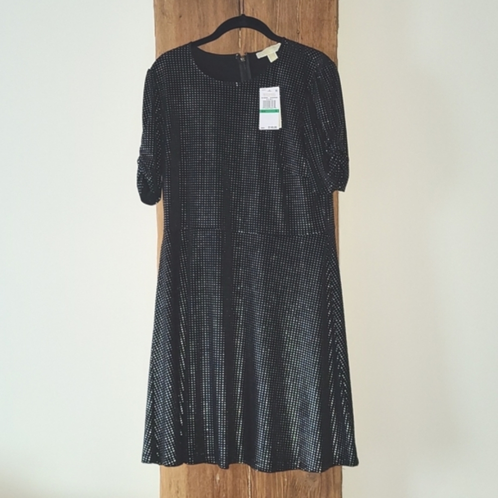 NWT MICHAEL Michael Kors SZ L  Metal Studs Black Swing Dress LBD Short Sleeve
